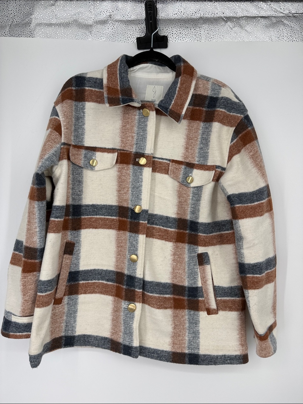 Joie Plaid Shacket Jacket in Cream, Brown & Gray Sz medium